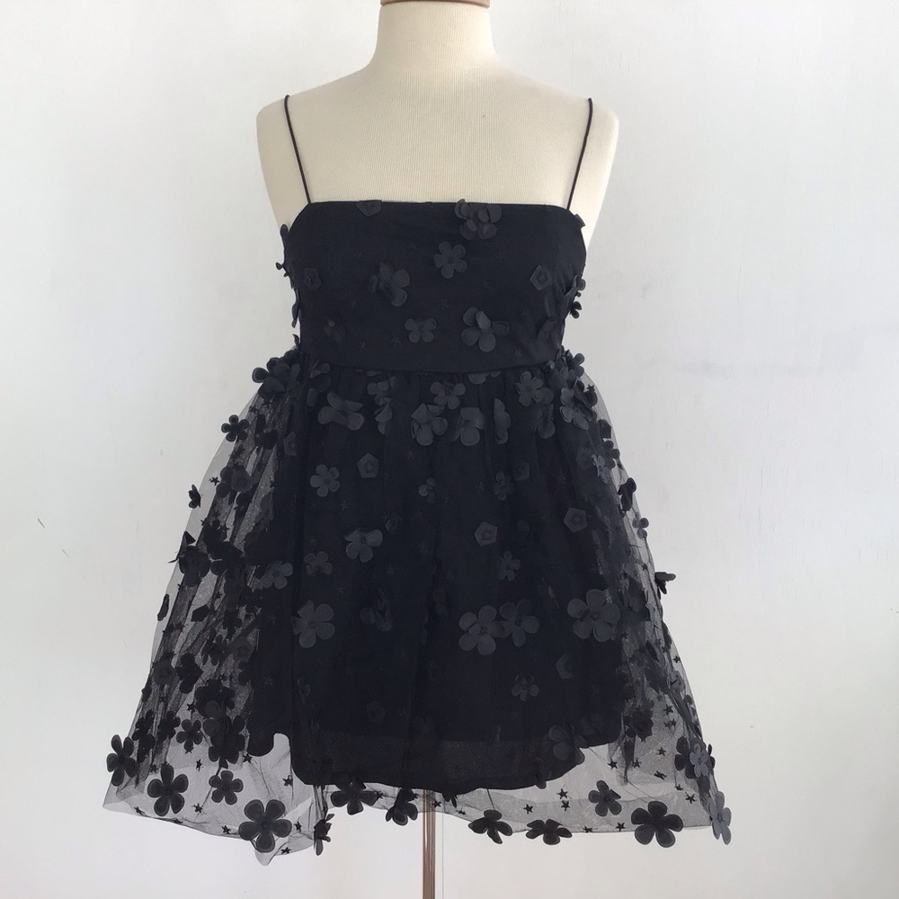 Trixxi black coquette minidress shear flower appliquéd lined, straps, small NWT